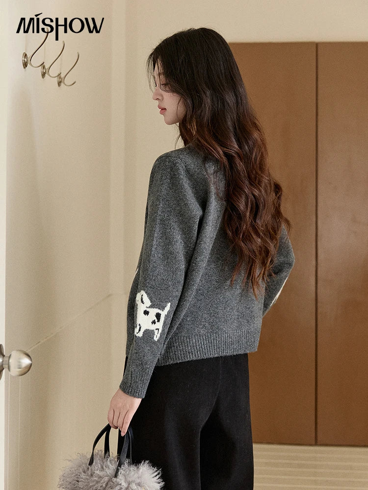 MISHOW Women's Puppy Jacquard Knit Cardigan 2025 Winter Single-breasted Crew Neck Top Warm Loose Sweaters Office Lady MXE93Z2950
