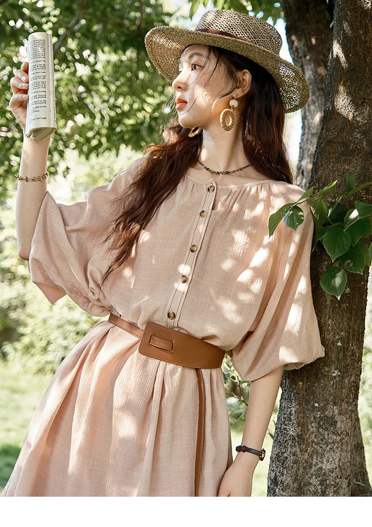 MISHOW French Retro Midi Length Sleeves Dress Summer O-neck Single Breasted Dresses Casual Tea Break Dress with Belt MXE39L2409