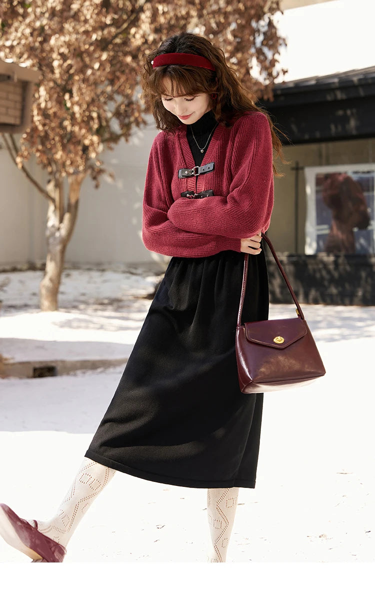 MISHOW Knitted Dress Solid Cardigan Separately Women Winter V Neck Sweater Midi A-line High Waist Dress Short Tops MXC59L1646