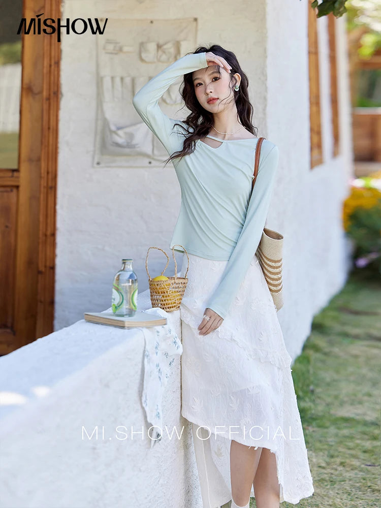 MISHOW Women's Knitted Long Sleeved T-shirt 2025 Spring Outfit Irregular Hollow Neck Tees Slim Solid Color Casual Top MXE13Z1116