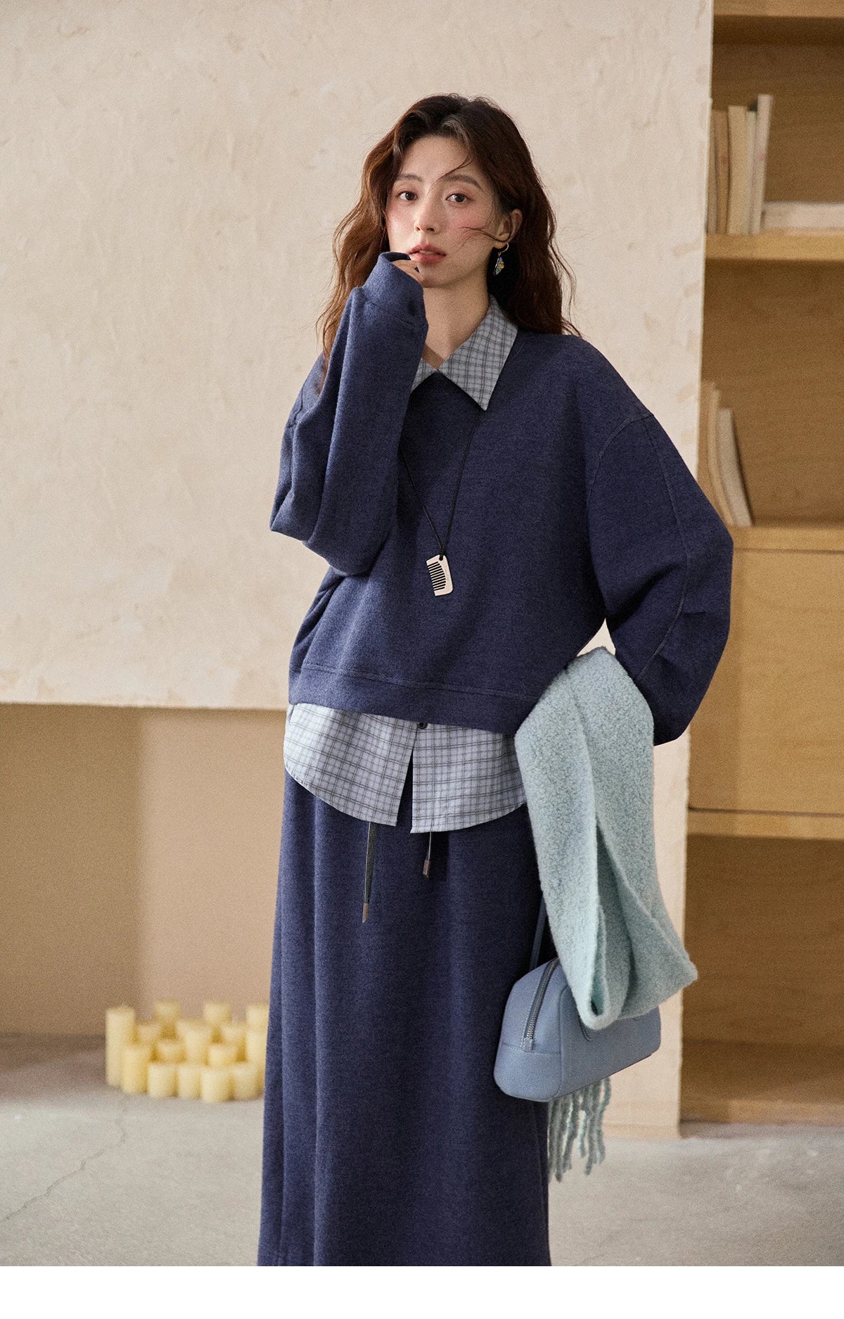 MISHOW Blue Plaid Sweatshirt Suit Women's 2025 Winter Fashion Turn-down Collar Knitted Top Straight Skirt Woman Sets MXE87T1445