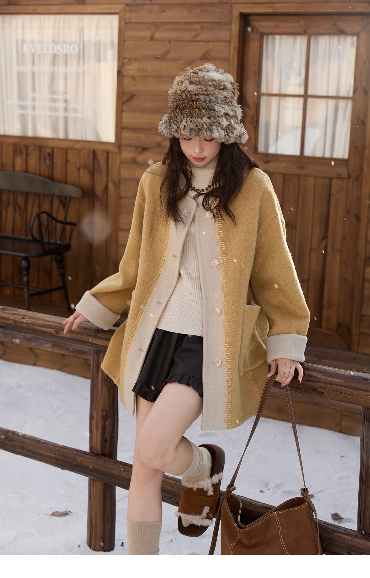 MISHOW Yellow Double-faced Wool Coat for Women 2025 Winter New Retro Contrast Color Slim Crew Neck Pockets Wool Coat MXE51W0915