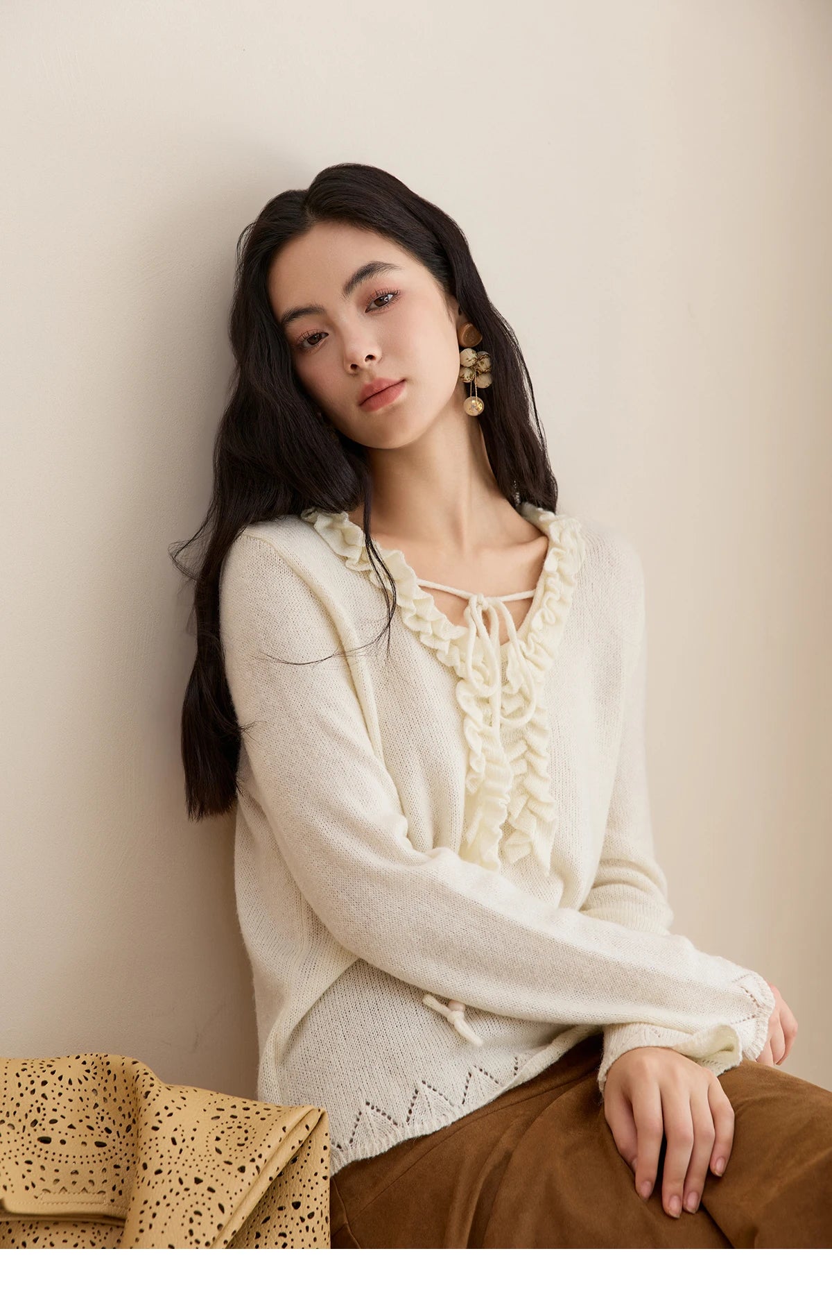 MISHOW Women Long Sleeve Tees 2025 Autumn New V-neck Wood Ear Hollow Out Knitted Sweater Women's Beige Wool Top MXE51Z2595