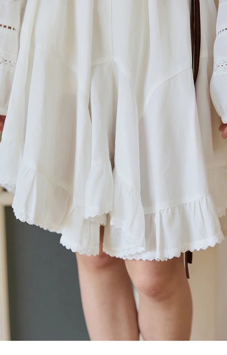 MISHOW Woman White Dress 2025 Autumn French Style O-neck Lace Ruffled Lantern Sleeves Dress Long Sleeves Party Dress MXE46L2519