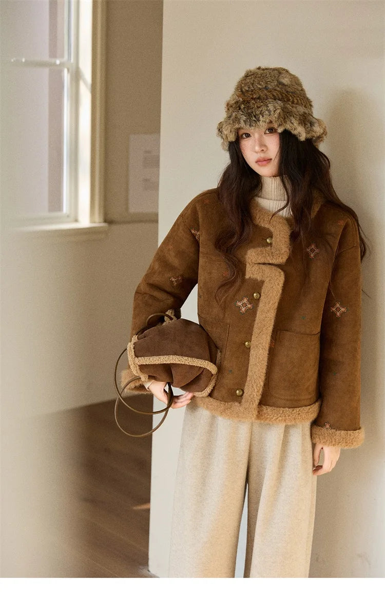 MISHOW Women Brown Jacket 2025 Winter Retro Stand Collar Single-Breasted Windproof Coat Comfortable Long-Sleeve Coat MXE86W0910