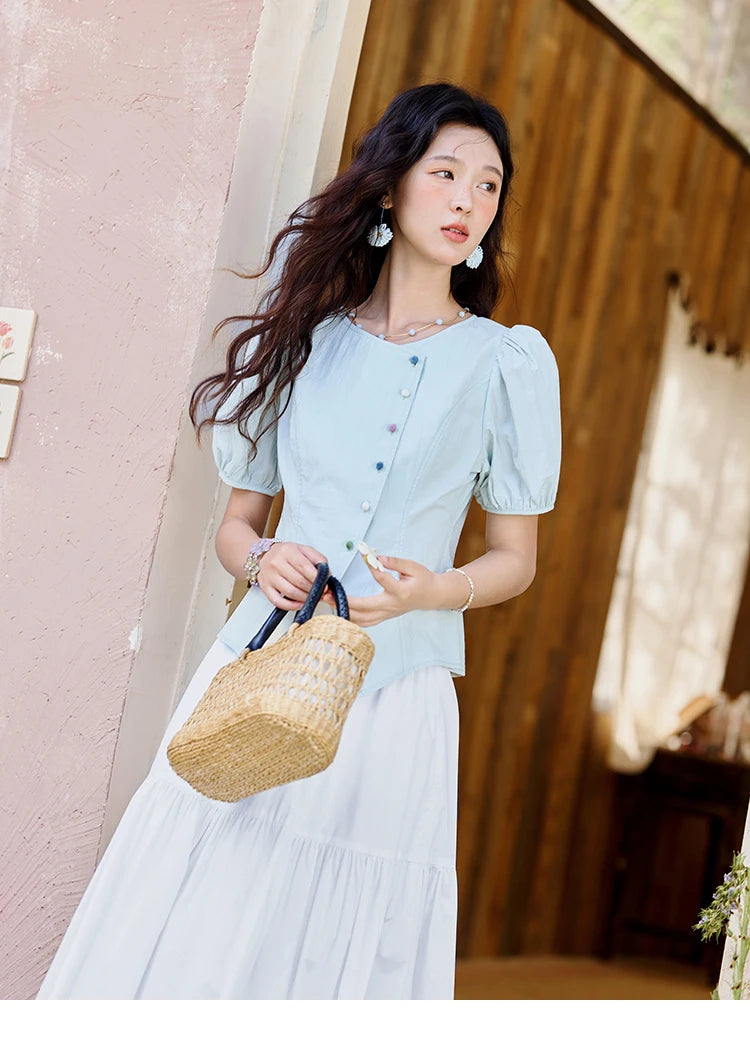 MISHOW Bubble Sleeves Blouses for Women Summer 2025 Irregular Placket Tops Rainbow Button Solid Blouse Office Lady MXE34X1782