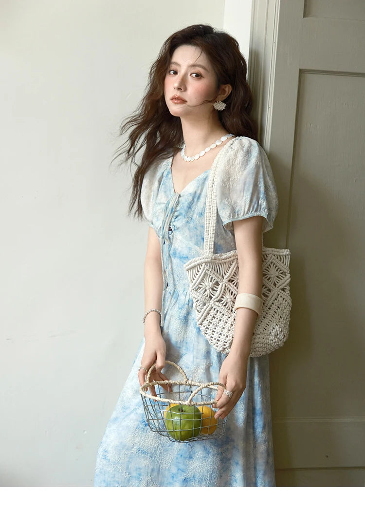 MISHOW Women's Fashion V-neck Lace Up French Dress 2025 Summer Puff Sleeve Embroidery Flower Dress Female Clothing MXE38L2379