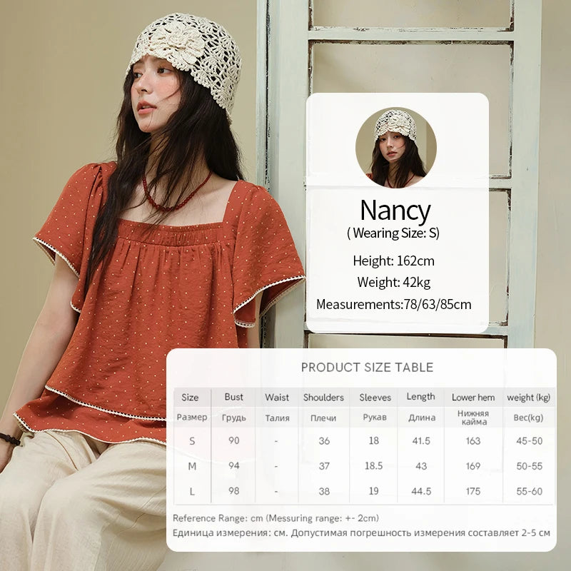 MISHOW Women's Polka Dot Blouse 2025 Summer Square Neck Lace Spliced Double Layered Ruffled Red Top Women's Clothing MXE37X1857