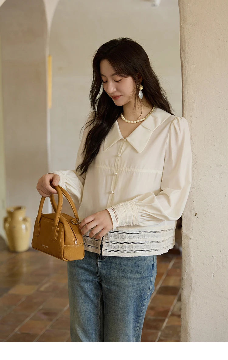 MISHOW Women's French Lace Patchwork Shirt 2025 Autumn Butterfly Collar Lantern Sleeves Apricot Elegant Commuting Top MXE41C2357