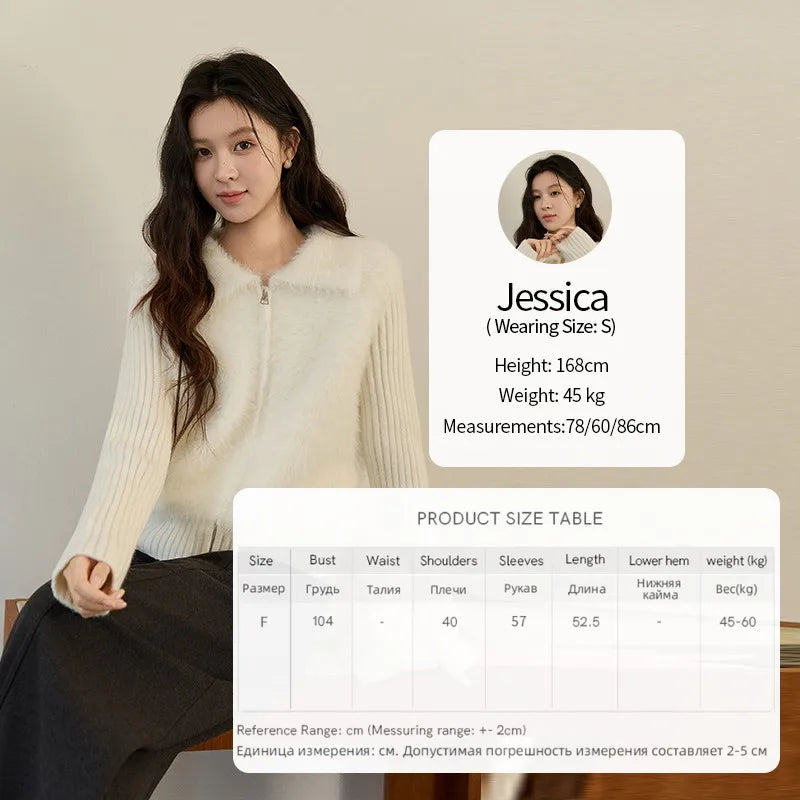 MISHOW Women's White Faux Fur Knit Cardigan 2025 Autumn Winter Fake Two-Piece Zipper Lapel Collar Warm Soft Outerwear MXE94Z2992