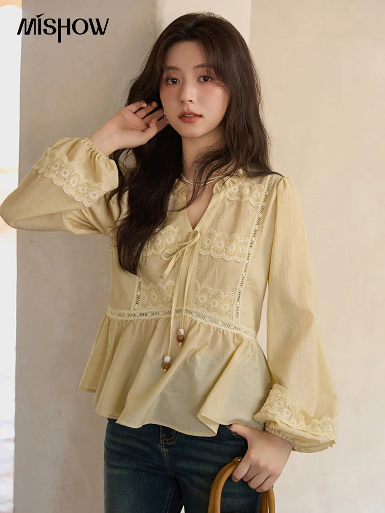 MISHOW French Thin V-neck Blouse 2025 Autumn Lace Patchwork Elastic Cuffs Top Bead Drawstring Lantern Sleeves Blouses MXE41X1925