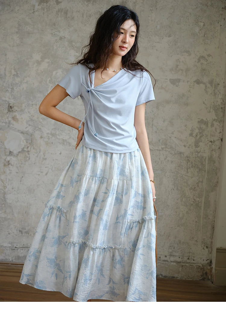 MISHOW Two Piece Set Women's Fashion Lace Up Top 2025 Summer New Casual Print Wide Leg Half Skirt Set Ladies Clothing MXE35T0596