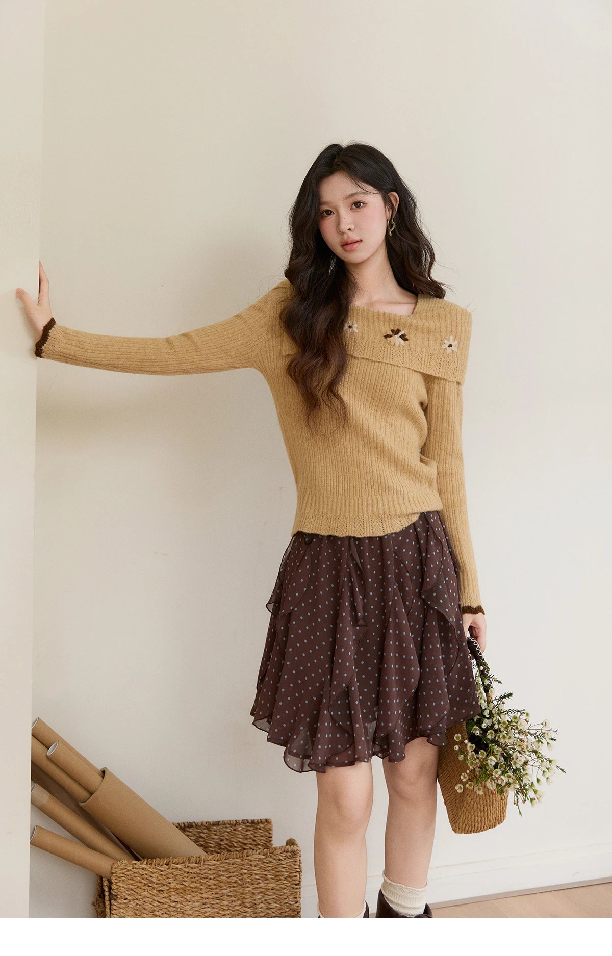 MISHOW Women's Yellow Ribbed Knit Sweater 2026 Spring One Shoulder Collar Floral Embroidery Long Sleeve Thin Sweaters MXF11Z2894