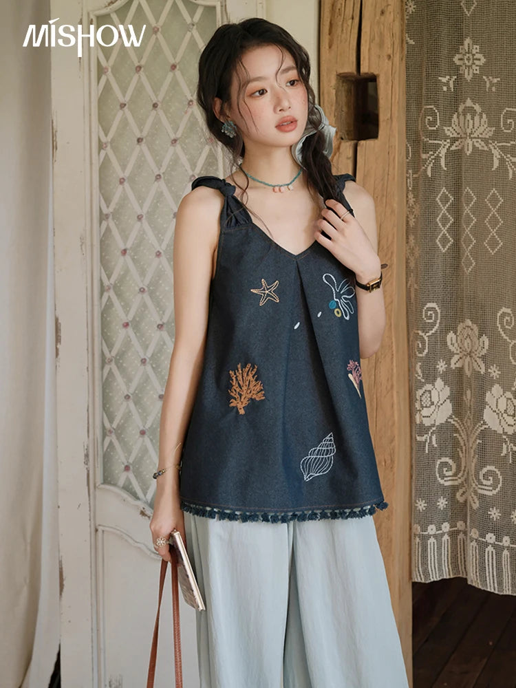 MISHOW Women's Fashion Strap Vest Summer 2025 Embroidery Lace Sleeveless Lady Camis Casual Vacation Tassel Denim Top MXE37X1860