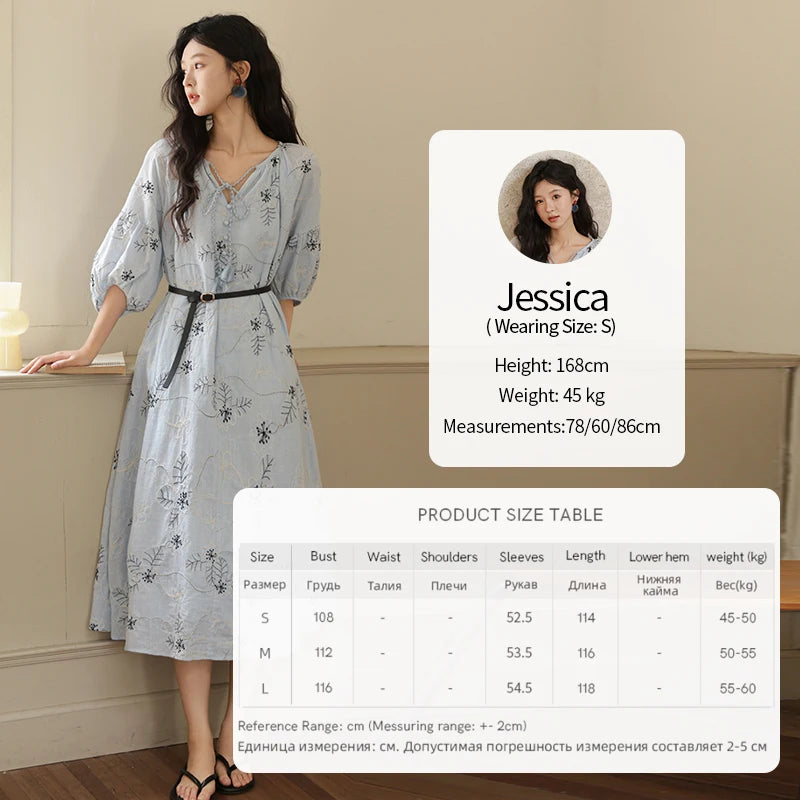 MISHOW Blue Flower Embroidered Dress 2025 Autumn Seven Cent Lantern Sleeve Tassel Tie Rope V-neck Dresses with Belt MXE42L2493