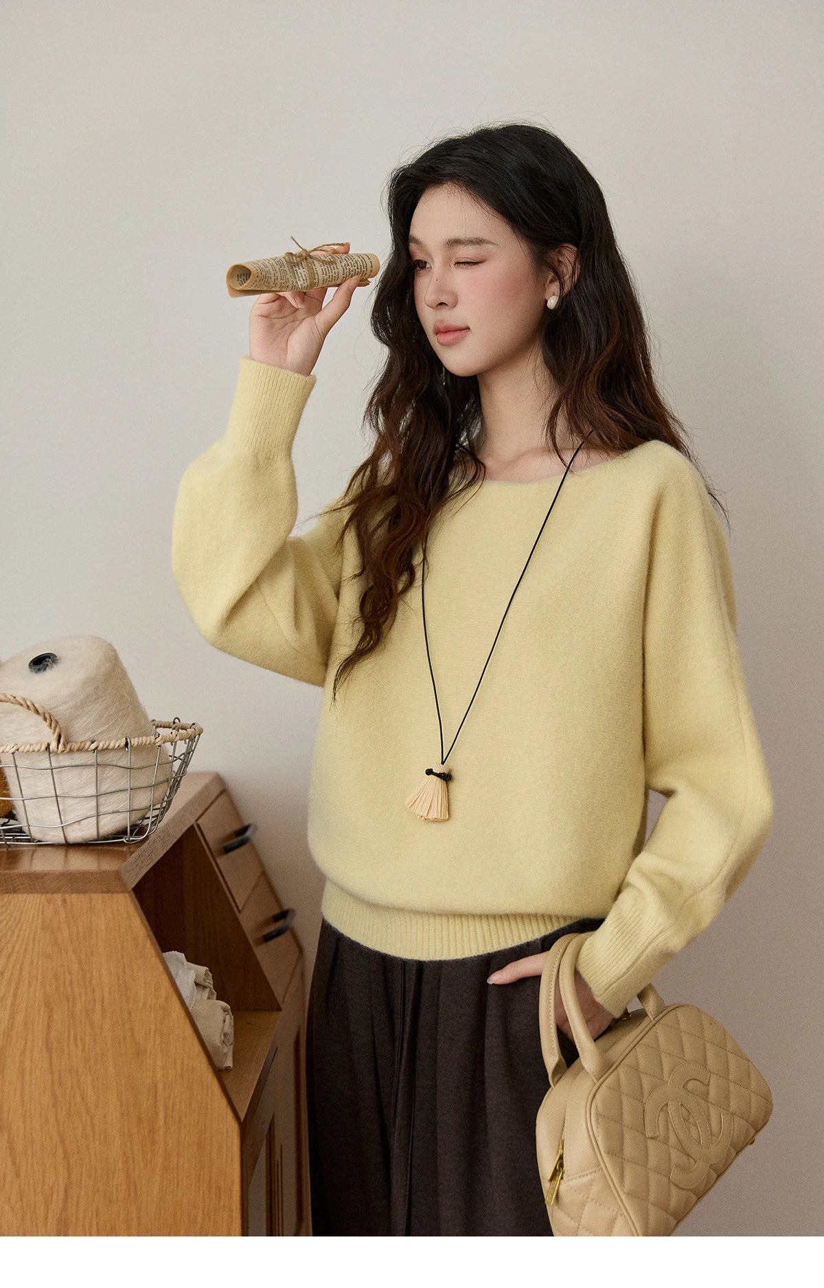 MISHOW Women's Solid Knitted Sweater 2025 Autumn Winter Boat Neck Lantern Sleeve Loose Sweater Soft Warm Pullover Top MXE94Z2984
