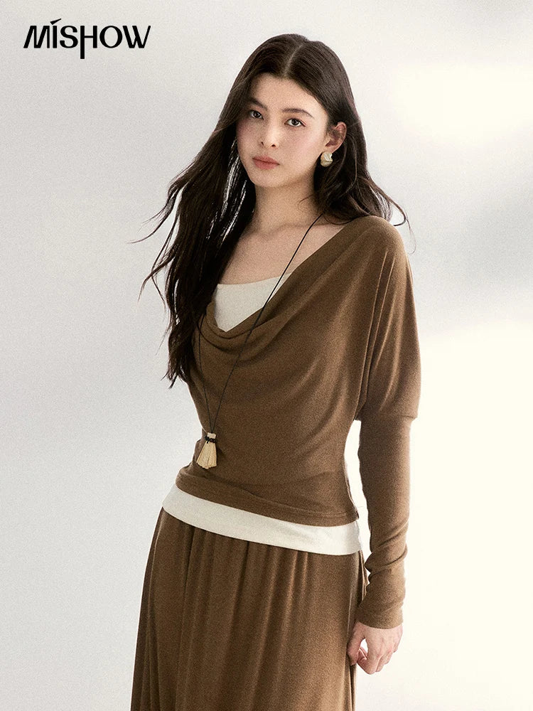MISHOW Women's Draped Neck Tops with Camisole Two Piece Set 2026 Spring Long Sleeve Slim Casual Soft Brown Tops MXF11T1458