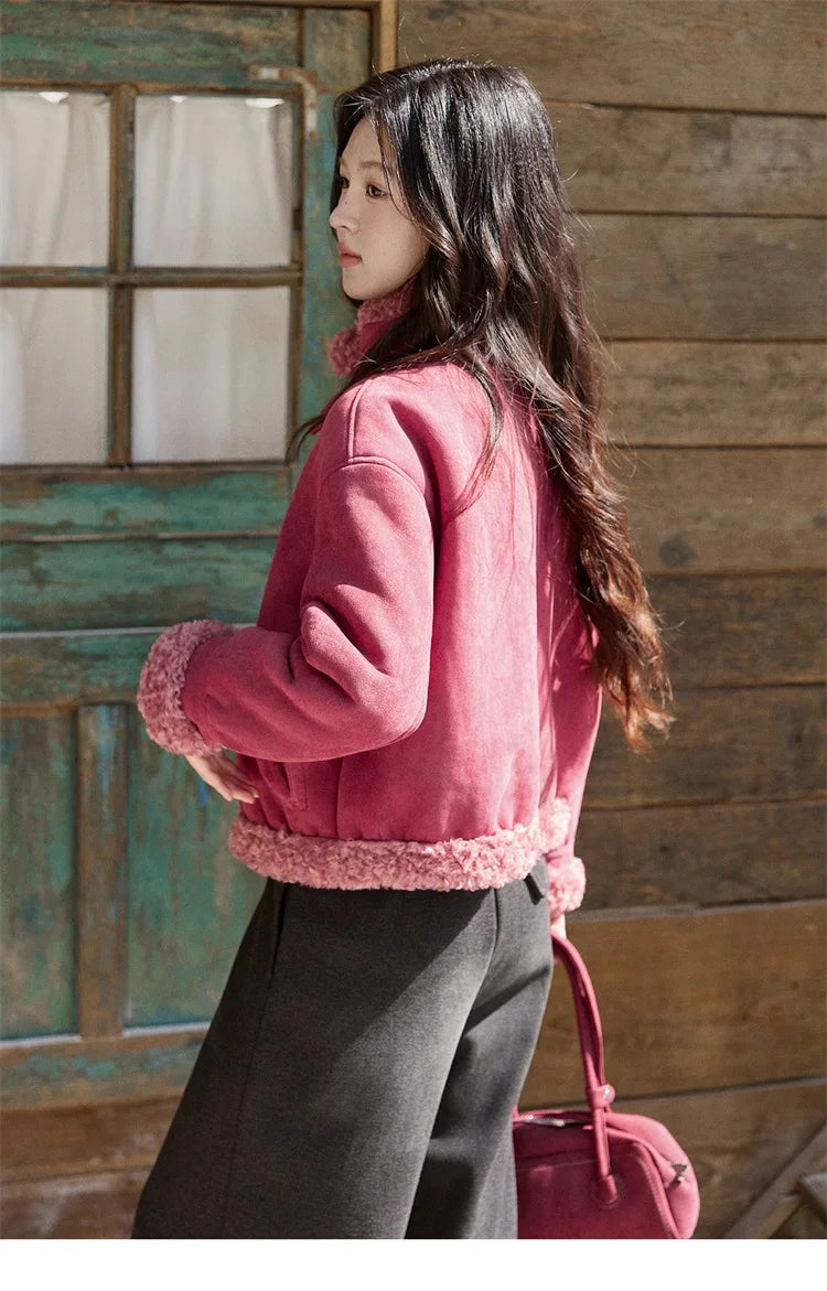 MISHOW Women's Dragon Fruit Red Suede Patchwork Coat 2025 Winter Color Block Stand Collar Thickened Short Outerwear MXE87W0942