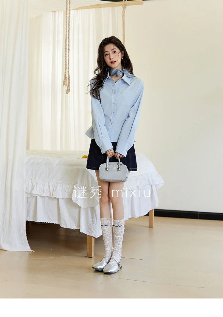 MISHOW Women's Retro Deep Blue Short Denim Skirt Spring High Waist Slim A-line Skirts Denim Commuting Versatile Skirt MXE13B0658