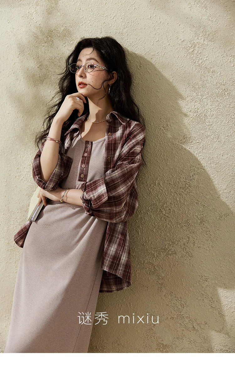 MISHOW Women's Plaid Shirt Grey Vest Dress Separately Spring Lapel Collar Shirt U-neck Sleeveless Dresses (Not A Set) MXE13L2093