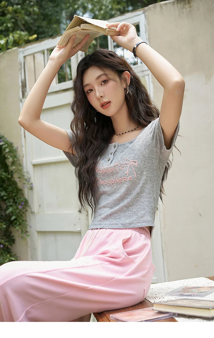 MISHOW Waffle Texture Fabric Loose Versatile Pants Summer Pocket Embroidered Elastic Waist Drawstring Casual Trouser MXD14K0608