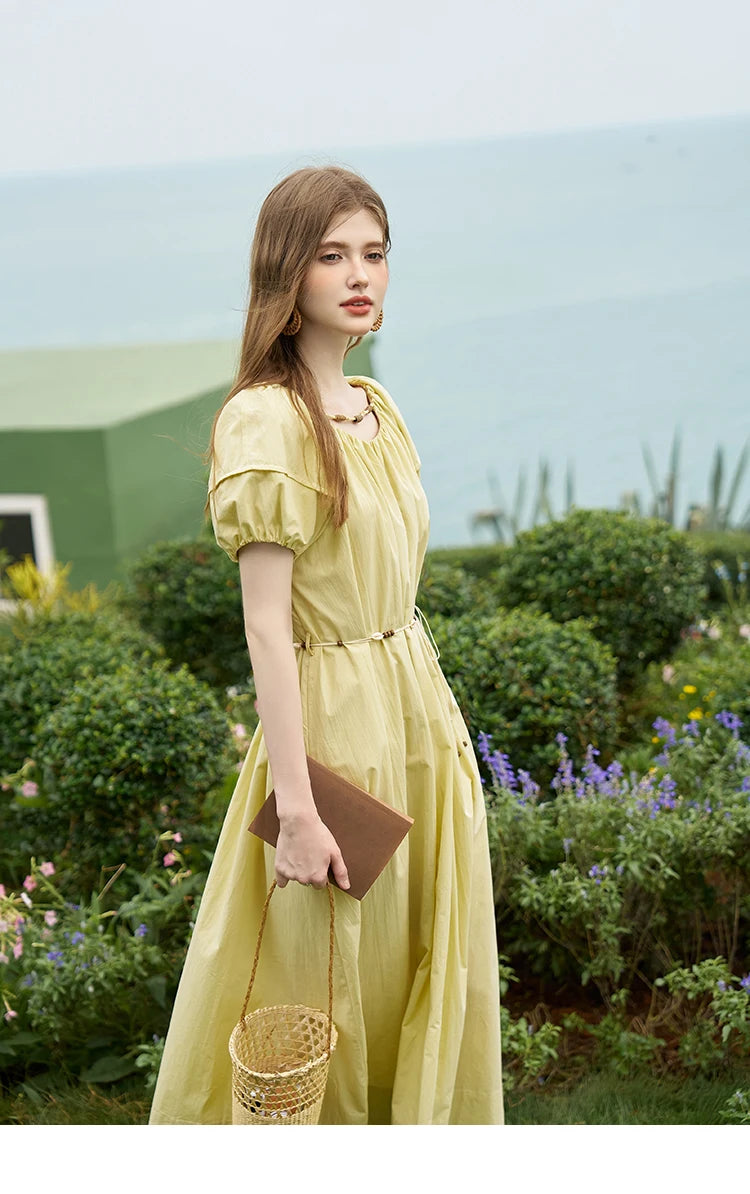 MISHOW 100 Cotton Bohemian Dress 2024 Summer French Elegant Elastic Round Neck Bubble Sleeve Long Dresses with Belt MXD26L1940