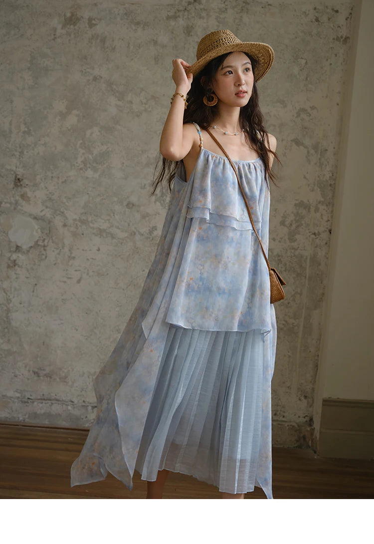 MISHOW Fashion Print Strap Dress for Women 2025 Summer New Multi Layer Ruffle Edge Splicing Sleeveless Midi Dresses MXE35L2233