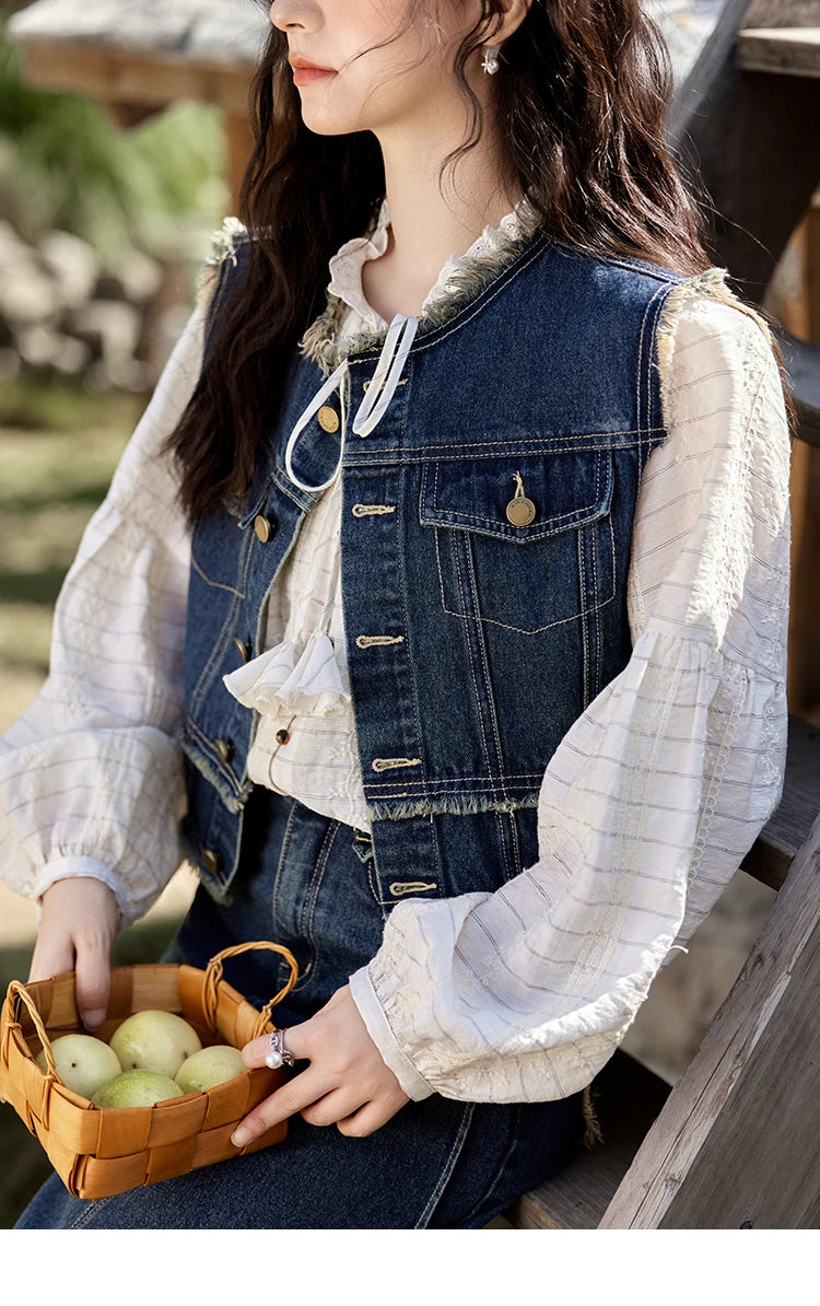 MISHOW Office Lady Spring Vest Female New Sleeveless Round Neck Raw Edge Denim Vests Women Fashion Retro Coat Woman MXE12W0710