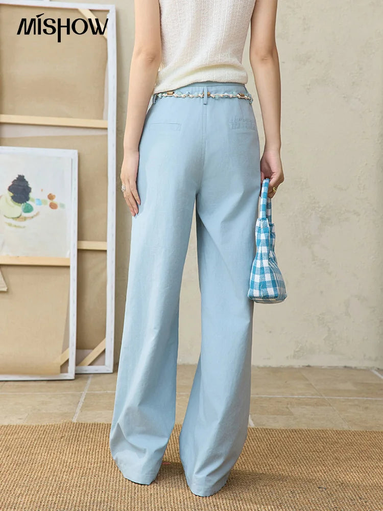 MISHOW Sea Salt Blue Wide Leg Pants 2025 Summer Contrasting Bead Belt Cotton Blend Trousers Slim Commuting Pants MXE35K0931