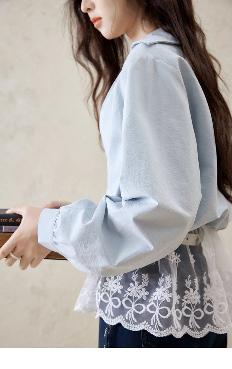 MISHOW French Spring Shirts Women 2025 Long Sleeve Turn-down Collar Fake Two-piece Blouses Female Splicing Lace Tops MXE16C0783