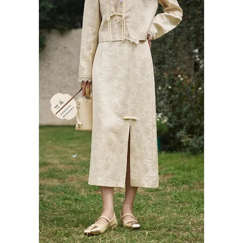 MISHOW Chinese Lace Edge Jacket Midi Skirts Separately Spring 2025 Elegant Top Irregular Jacquard Front Split Skirts MXD15W0370