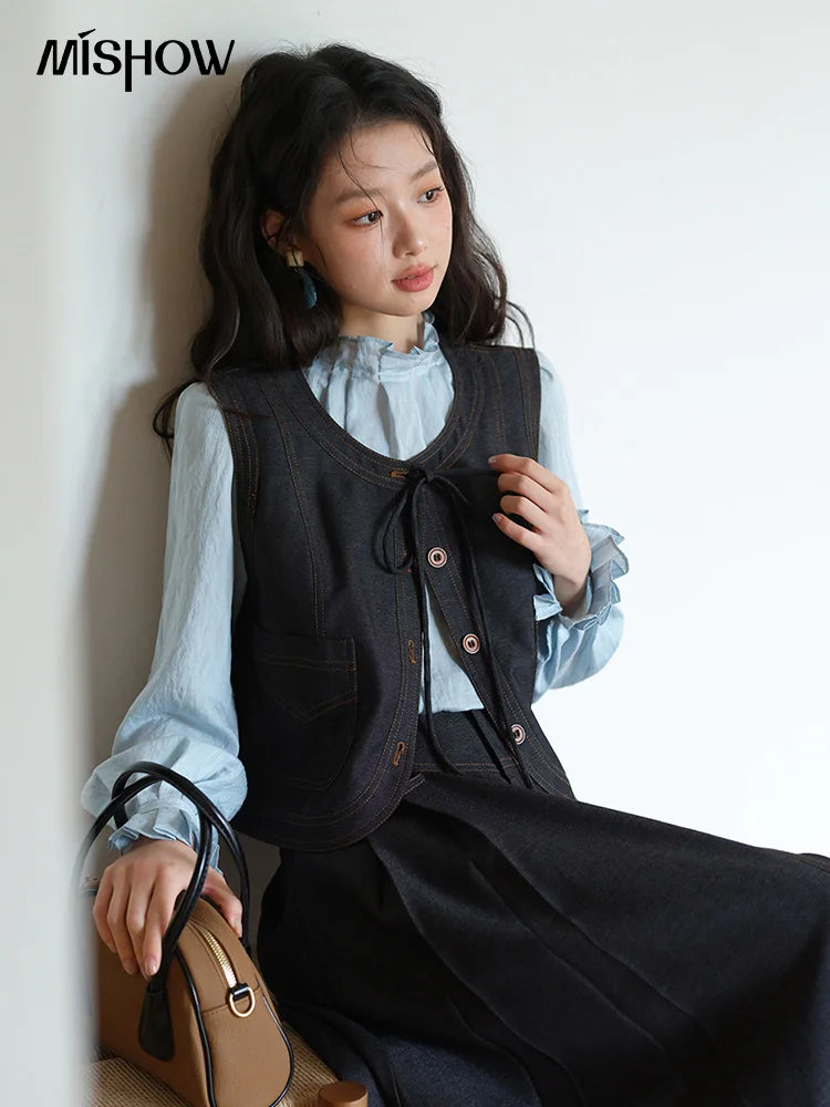 MISHOW Deep Blue Imitation Denim Vest Coat 2025 Autumn Round Neck Lace-up Coat Contrasting Button Single Breasted Top MXE41W0797
