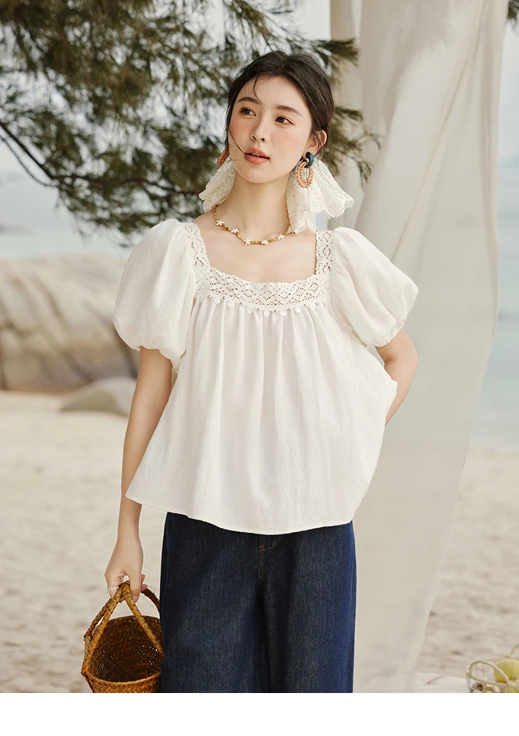 MISHOW French New Shirts Women Summer 2025 Short Puff Sleeve Square Collar Solid Splicing Lace Blouses Female Holiday MXE32X1780