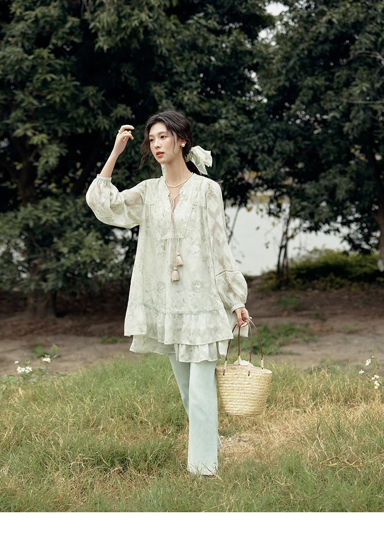 MISHOW Floral V-neck Drawn Tassels Dresses 2025 Spring Summer Hollow Out Lantern Sleeve Dresses Vacation Doll Dress MXE15L2121