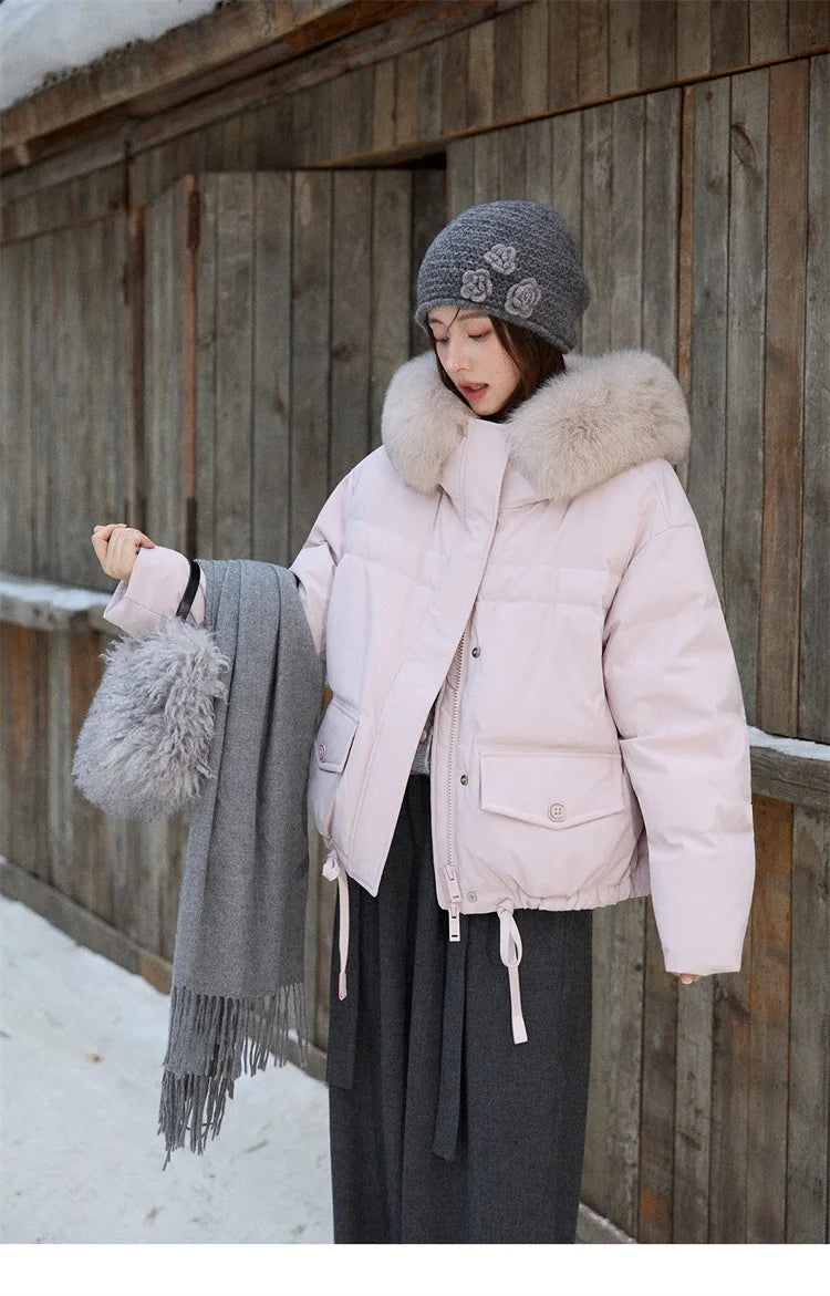 MISHOW Short Lightweight Puffer for Women 2025 Fashion Loose Long-sleeved Down Jacket Detachable Fur Collar Warm Coat MXE87Y0084