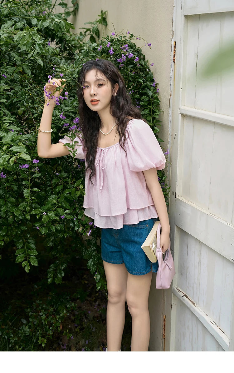 MISHOW French Square Neck Tied Lantern Sleeve Blouses 2025 Summer Double Layered Hem Puff Sleeve Solid Sweet Tops MXD26X1551