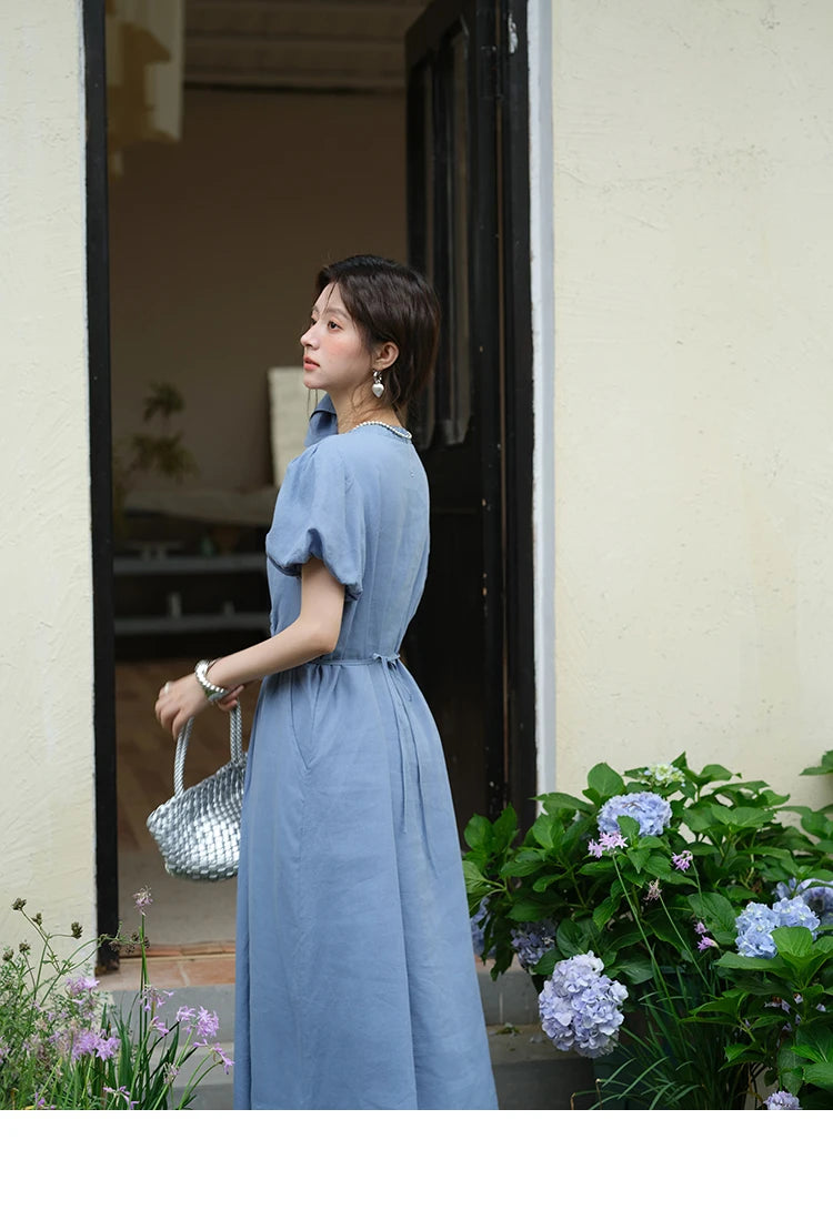 MISHOW Summer Fashion V-neck Dress Woman 2025 New Puff Sleeve Sashes Elegant Pocket Vacation Dresses Ladies Clothing MXE39L2381