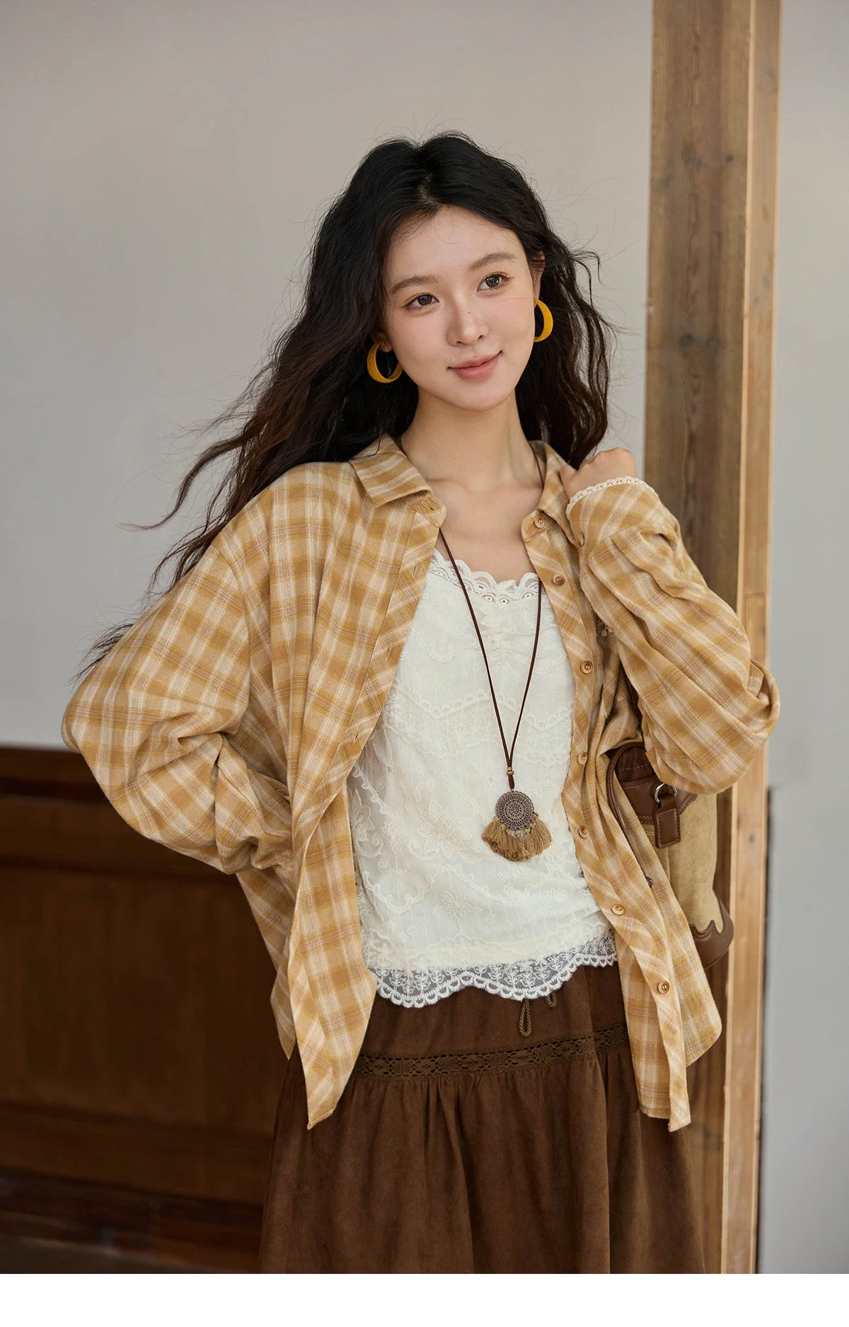 MISHOW Women's Retro Plaid Long Sleeved Shirt 2025 Autumn Korean Loose Casual Plaid Top with Lace Pocket Lapel Shirts MXE43C2378