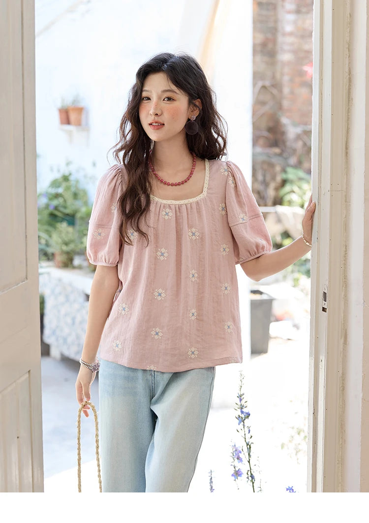 MISHOW Pink Embroidered Linen Floral Blouse for Summer 2025 A-line Square Collar Blouses Lace Patchwork Loose Tops MXE35X1834