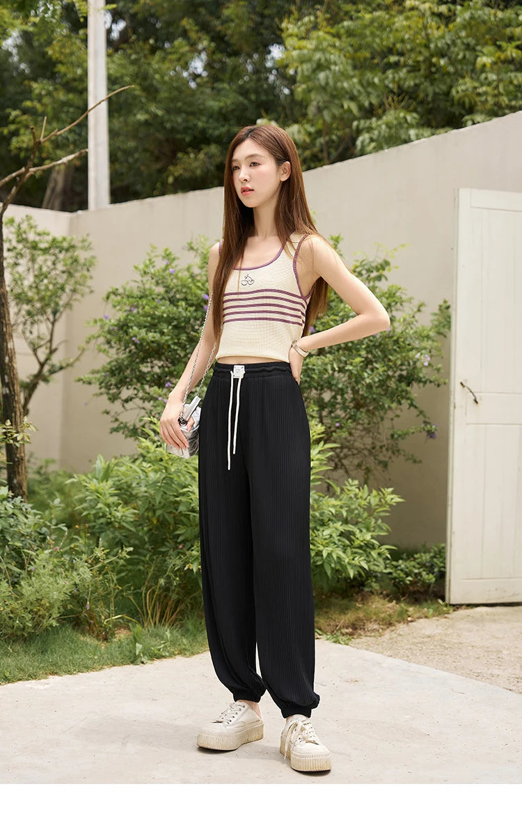 MISHOW Casual Pants for Women 2023 Summer Solid High Waist Slim Straight Elastic Waist Trousers Ankle-Length Pants MXC33K0069