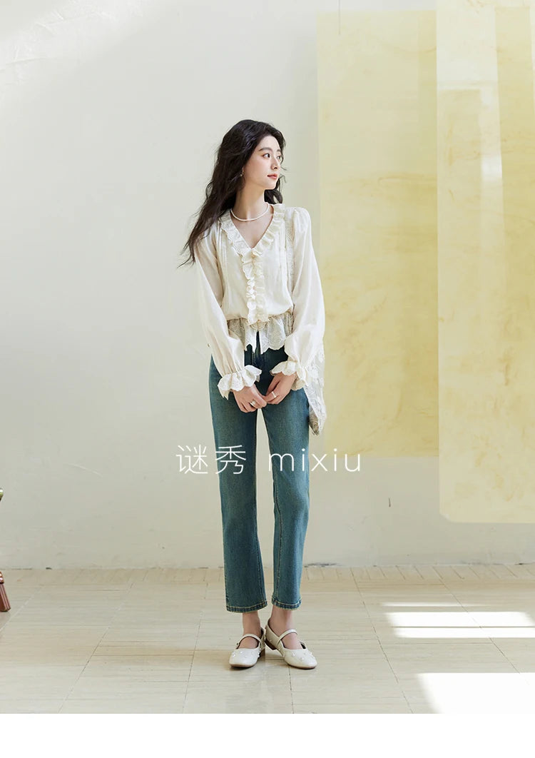 MISHOW Spring New French Shirts for Woman 2025 Long Sleeve V-neck Solid Loose Blouses Women Fashion Versatile Tops MXE14X1732