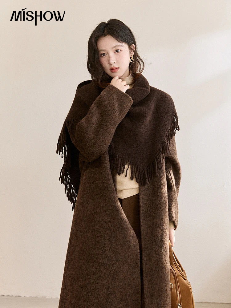 MISHOW Women's Woolen Coat with Scarf Winter Invisible Buckle Design Wool Overcoat Loose Elegant Warm Outerwear MXE93W1030
