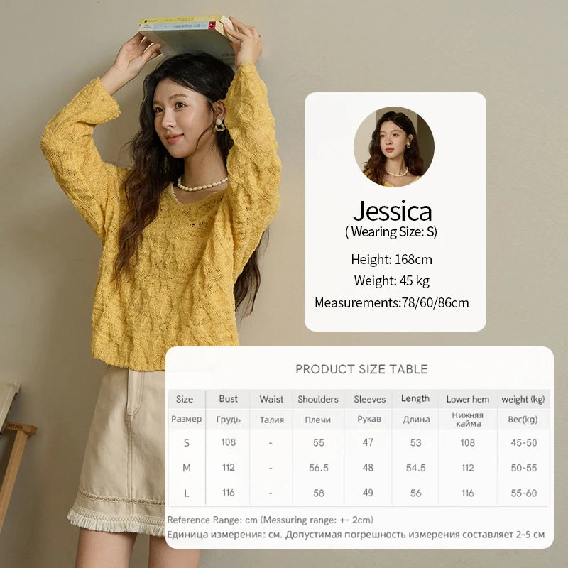 MISHOW Bamboo Loop Yarn Knitted Sweater for Women Autumn 2025 Hollow V-neck Lace Sweater Casual Solid Pullovers Tops MXE43Z1349