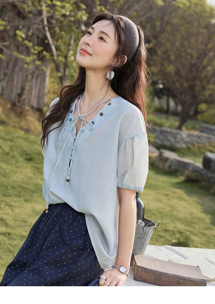 MISHOW French Summer Blouses Women Solid Short Puff Sleeve V-neck Lace-up Design Shirts Female Fashion Straight Tops MXE33X1743