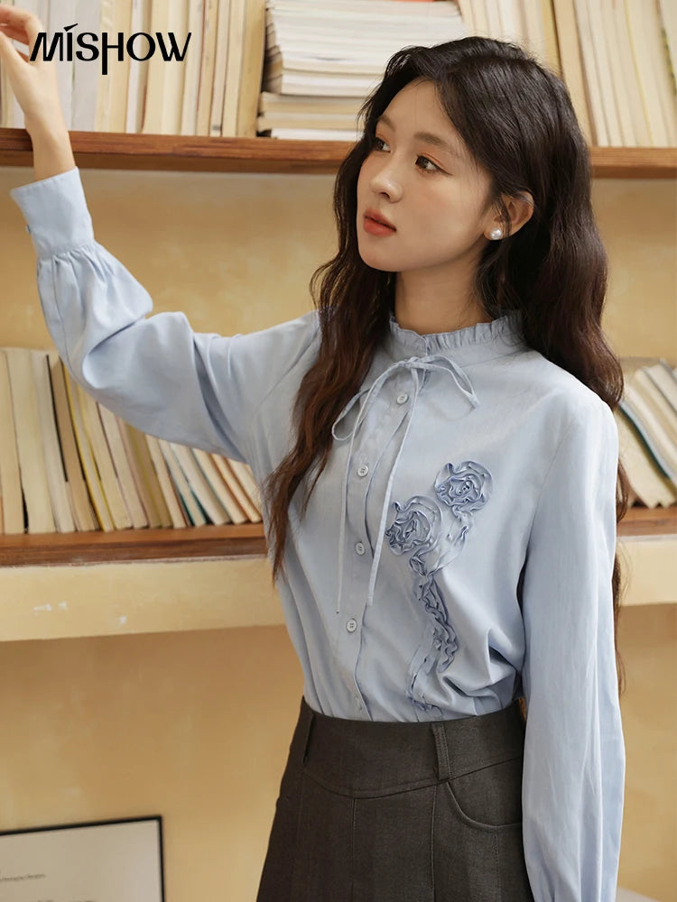 MISHOW Coiled Flowers Embroidered Blue Shirt for Women Autumn 2025 Stand Neck Lace-up Brushed Shirts Office Lady MXE44C2398