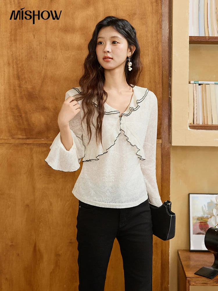 MISHOW Lace Blouse for Women Autumn 2025 V-neck Ruffle Edge Contrasting Embroidery Loose Top Flare Sleeve Blouses MXE45X2483