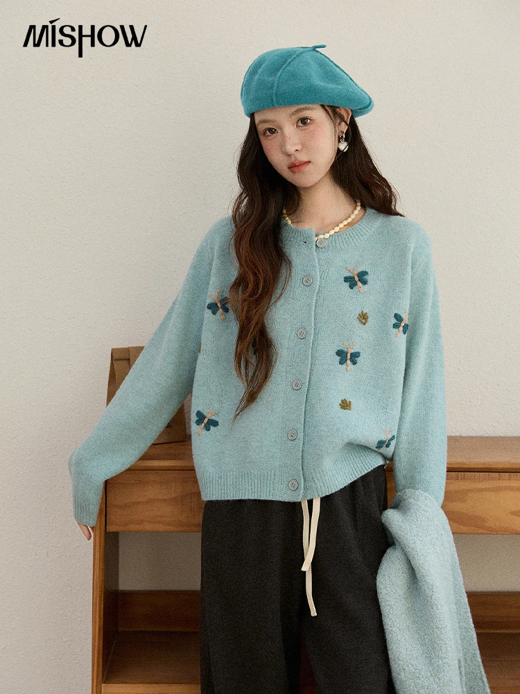 MISHOW Women's Knit Cardigan 2025 Winter Fashion Blue Butterfly Embroidered Sweater Casual O-neck Long Sleeved Top MXE90Z2818