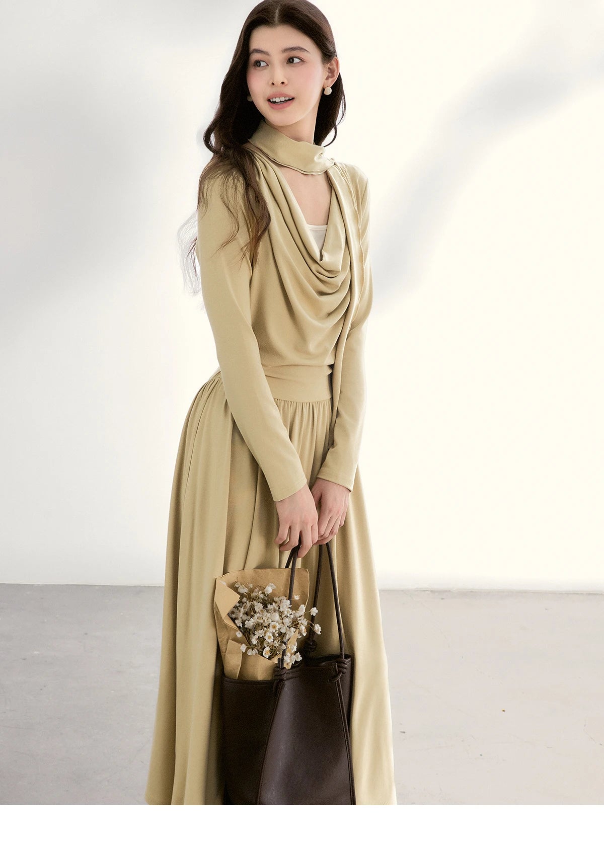 Mishow Khaki Swinging Collar Scarf Waist Dress MXF11L2552