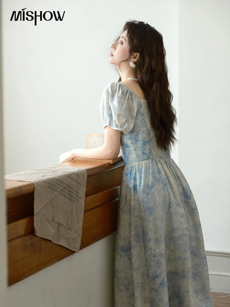 MISHOW Women's Fashion V-neck Lace Up French Dress 2025 Summer Puff Sleeve Embroidery Flower Dress Female Clothing MXE38L2379