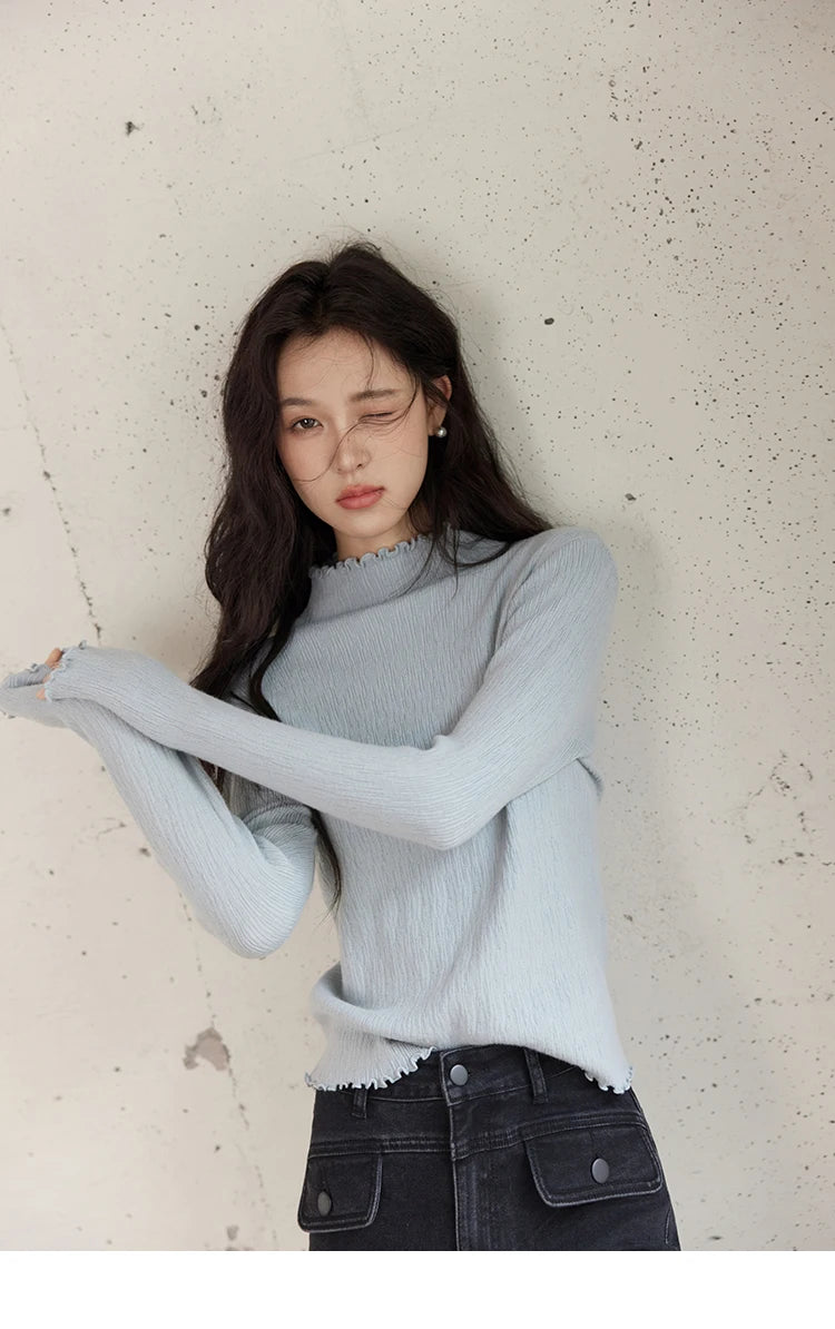 MISHOW Bottom Knitted Sweater Women Ruffled Edge High Collar Long Sleeve 2025 Winter Solid Slim Thin Internal Tops MXD48Z0850